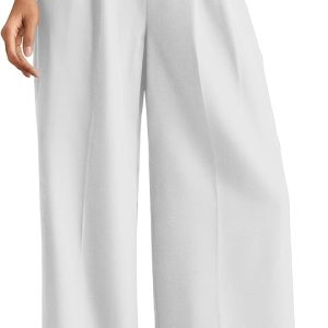 Women Casual Wide Leg Dress-Pants, High Elastic Waisted in The Back Business Flowy Trousers with Pockets