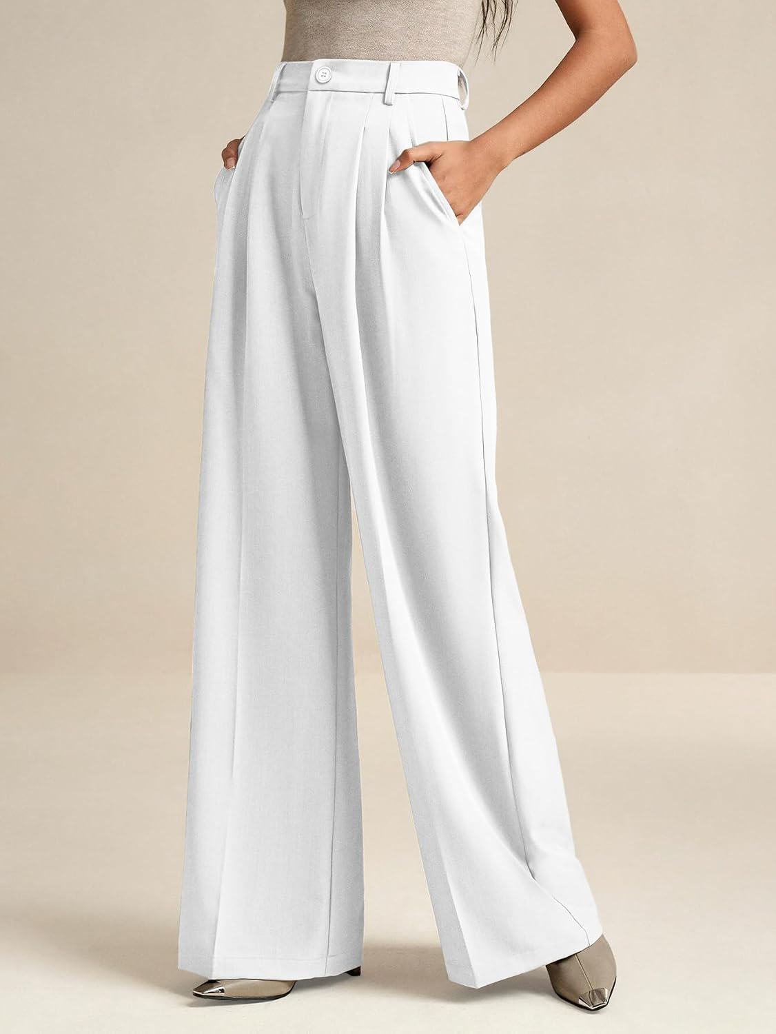 Women Casual Wide Leg Dress-Pants, High Elastic Waisted in The Back Business Flowy Trousers with Pockets