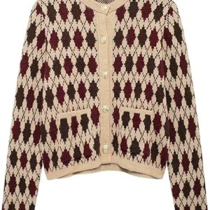 Trendy Fall Argyle Cardigan for Women Preppy Plaid Knit Sweater Round Neck Button Down Knitwear