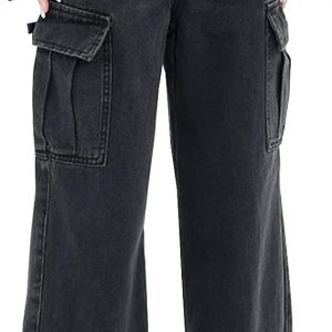 Women's High Waisted Cargo Jeans Straight Wide Leg Stretch Baggy Jean Casual Loose Denim Cargo Pants Trousers