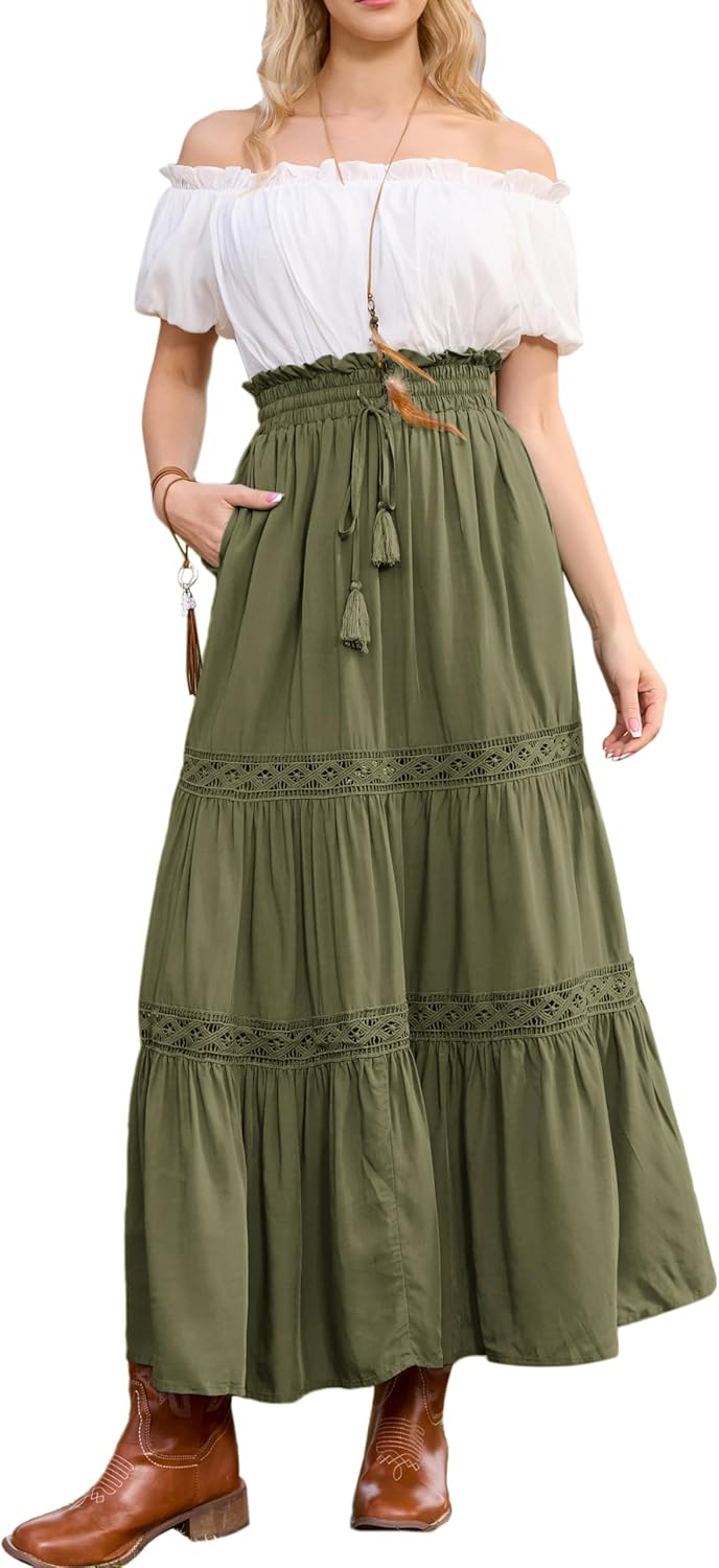 Women Renaissance Skirt Lace Trim Tiered Maxi Skirts with Pockets