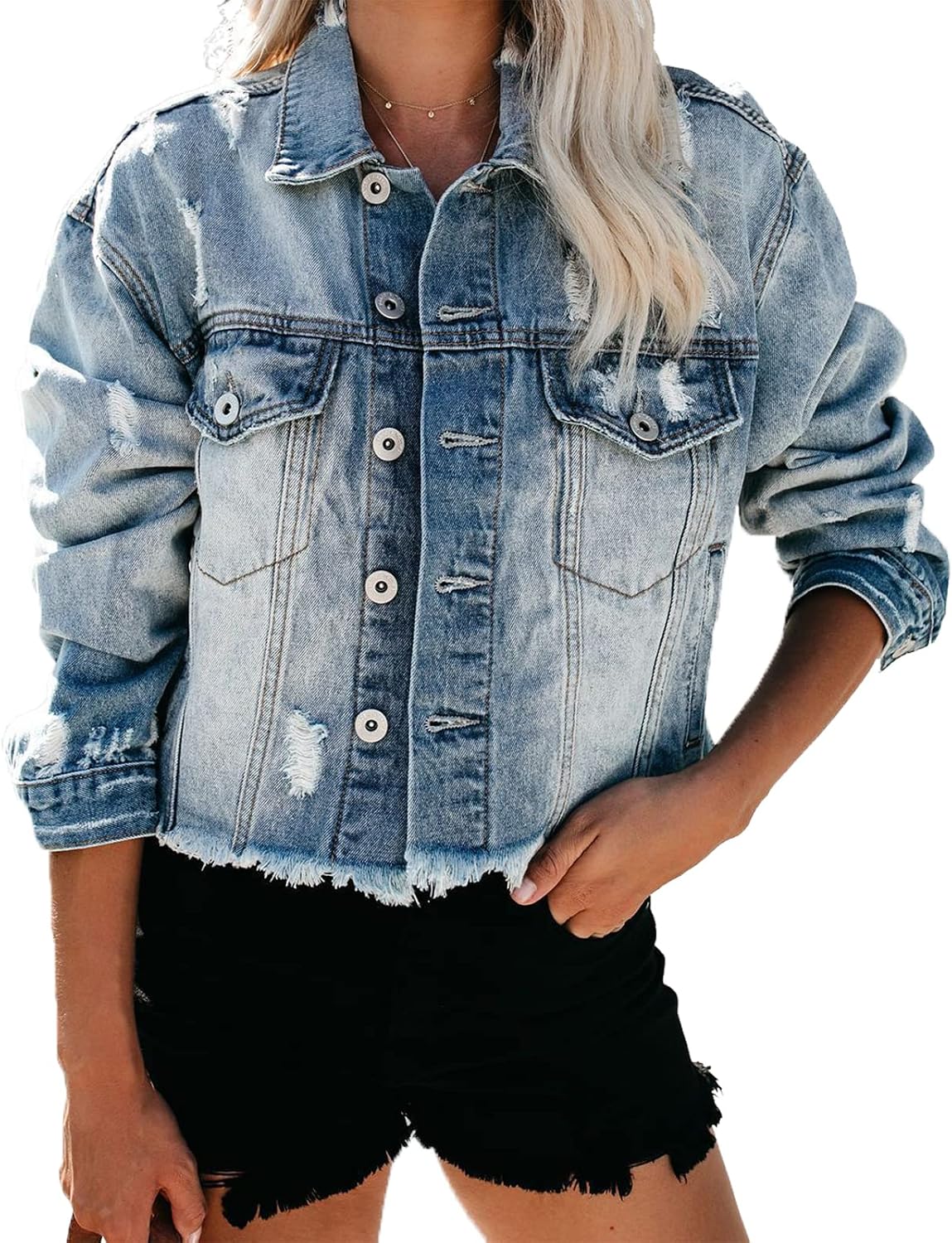 Denim Jackets for Women Button Down Cropped Frayed Jean Jacket Long Sleeve Distressed Ripped Denim Jacket Coat